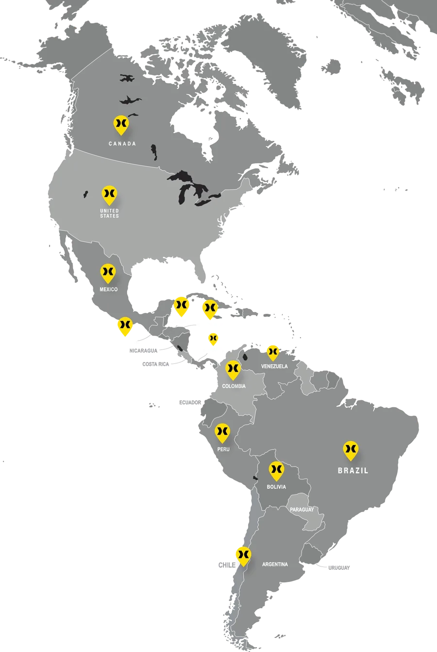 Map of the Americas showing ENNAT project locations