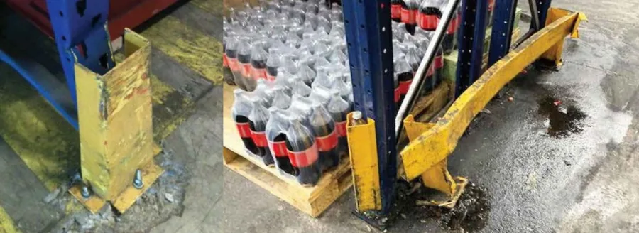 Steel rack guard bent and torn away from the floor after a forklift impact