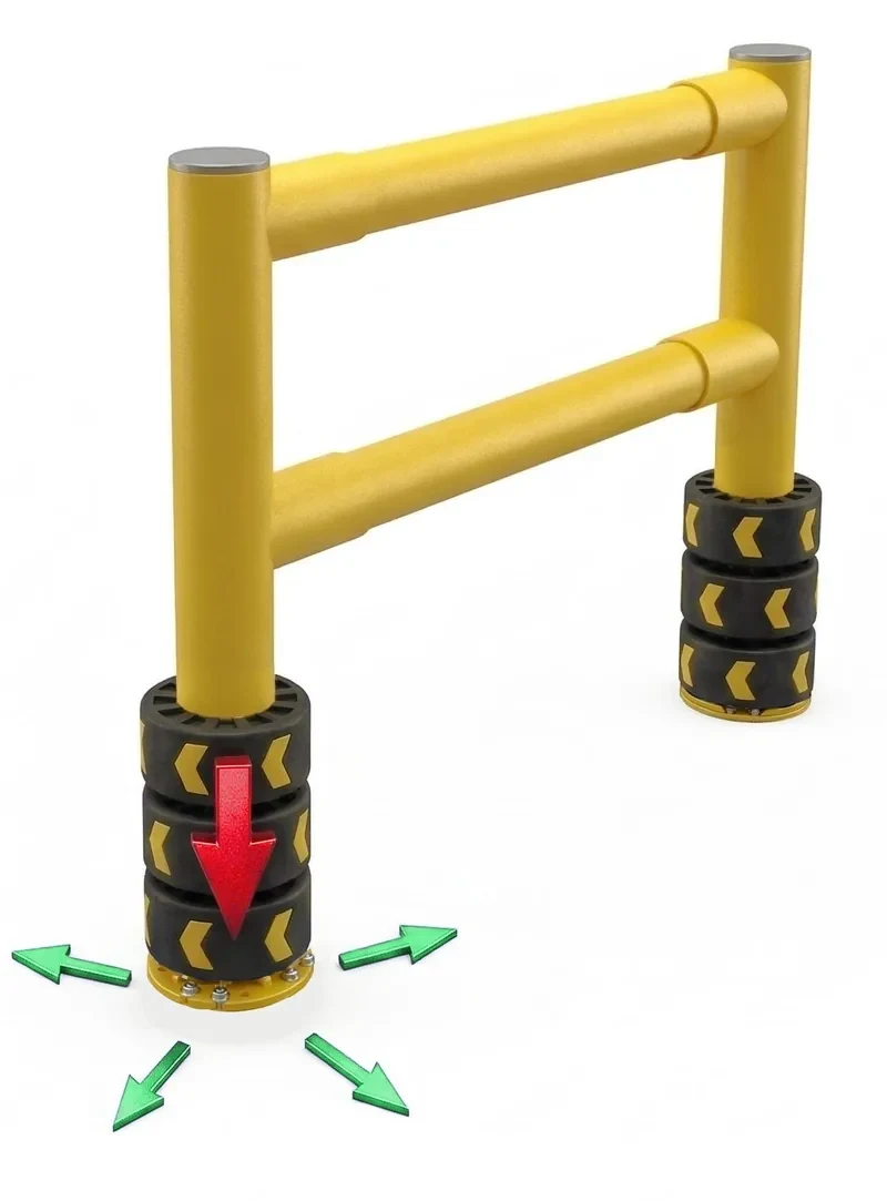 Diagram: an ENNAT guardrail spreads impact force sideways through its rubber modules, leaving the anchors and floor intact
