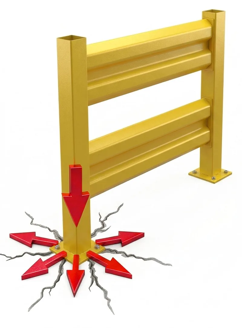 Diagram: a rigid metal guardrail sends impact force straight down into its anchors, cracking the floor slab