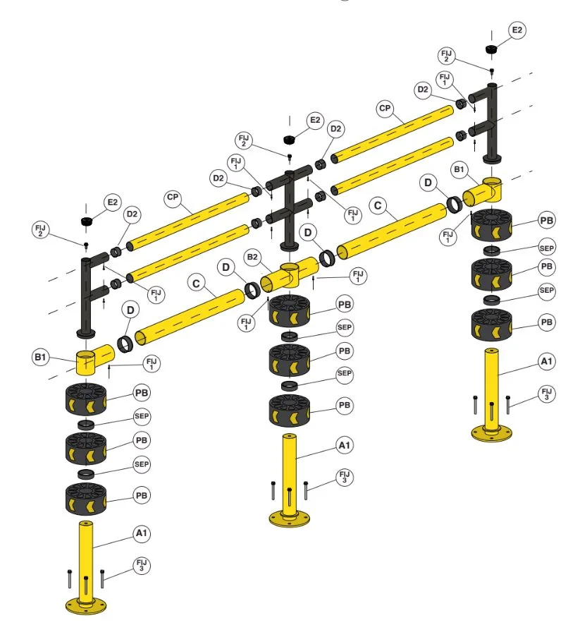 Exploded technical diagram of an ENNAT barrier showing each individually replaceable component